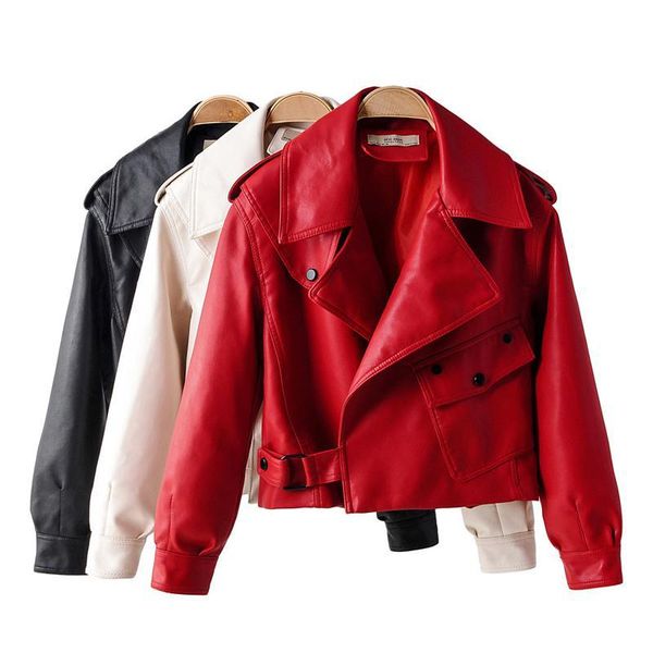

women's leather & faux 2021 spring autumn jacket women pu motorcycle coat biker red white turn collar loose clothing, Black
