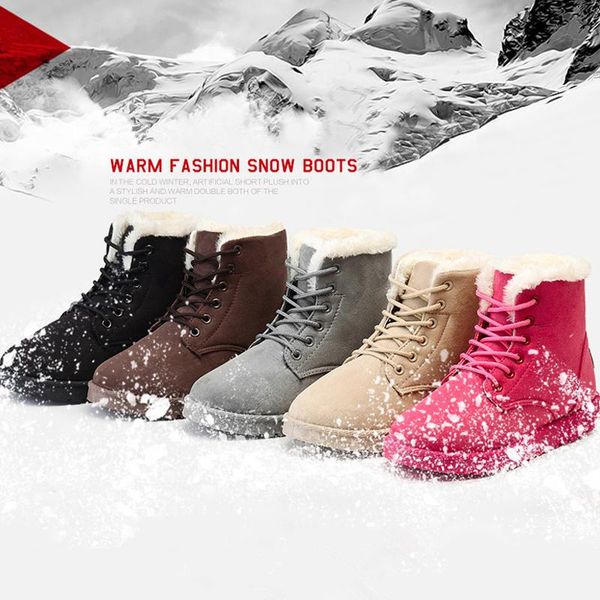 

boots women winter snow warm flat plus size platform lace up ladies women's shoes flock fur suede ankle solid female, Black