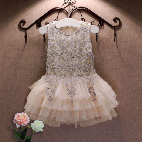Summer New Lace Vest Girl Dress Baby Girl Princess Dress 3-7 Age Abbigliamento per bambini Kids Party Costume Ball Gown Beige Q0716