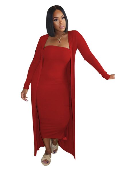 Novas roupas de outono e inverno Plus Size 3XL agasalhos femininos Casacos cardigã + vestido sem alças conjunto de duas peças vestidos bodycon sólidos + casaco solto 2 peças roupas pretas 5613