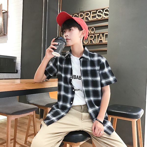 

summer short sleeve thin korean casual plaid shirt men's fashion, White;black