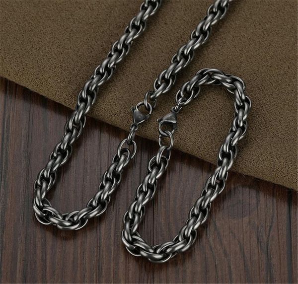 

earrings & necklace 316l stainless steel gun black thick chain simple twist bracelet retro fashion personality hip hop jewelry set no fade, Silver