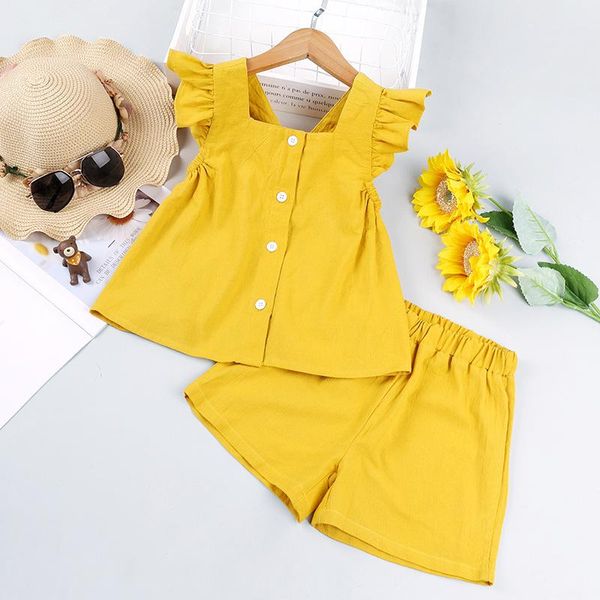 

girl summer flying sleeve + shorts two-piece suit pure yellow colour single breasted and bottoms sets clothing, White