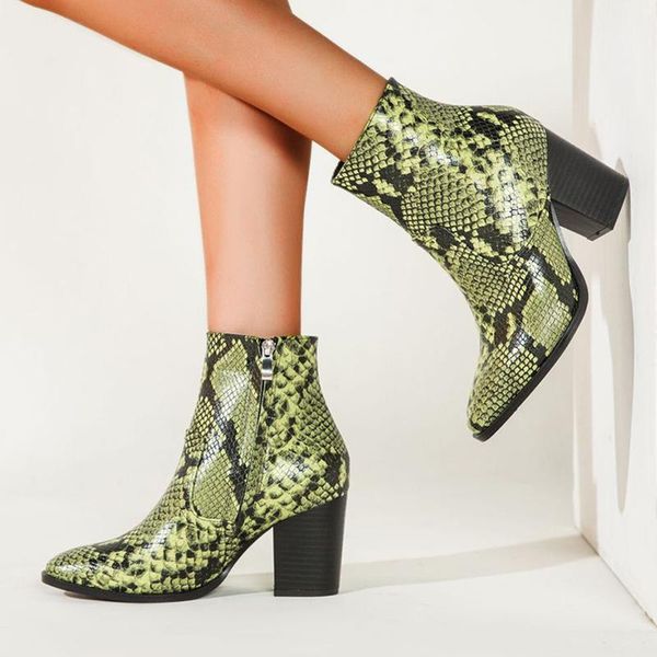 

boots snakeskin pattern short women 2021 high-heeled fashion autumn short-tube thick-heeled women's, Black