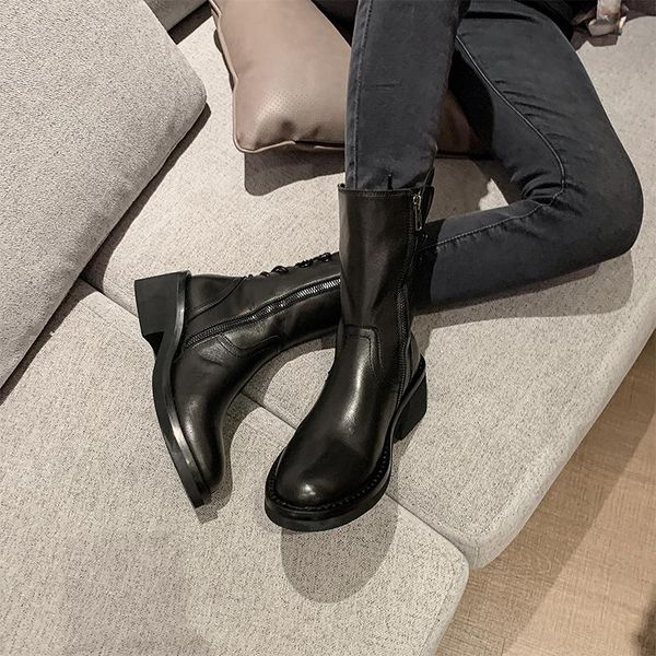 

boots british style spring and autumn single 2021 summer thin strap leather midleg ankle, Black