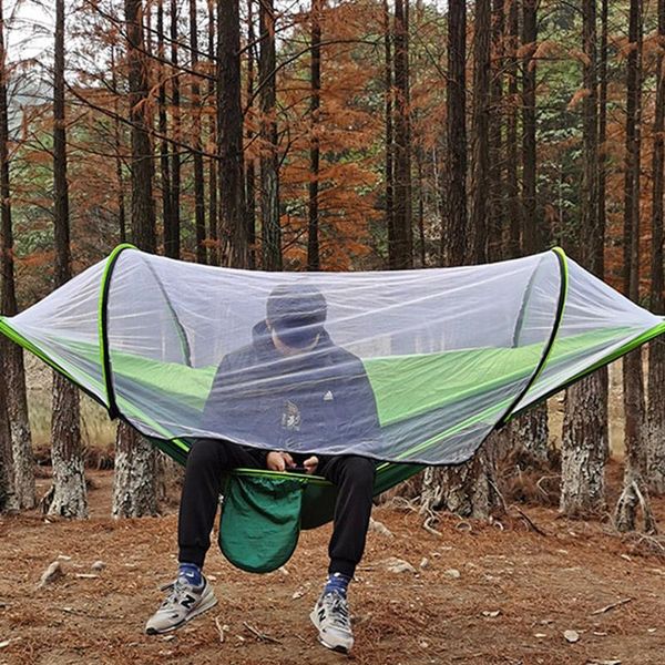 

sleeping bags portable outdoor camping hammock with mosquito net parachute fabric hanging bed hunting swing automatic -up