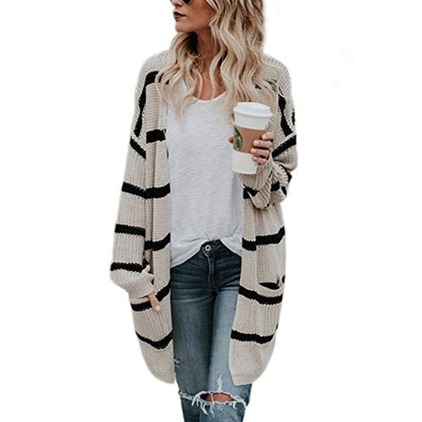 

women's sweaters sweater in early spring of 2021 amazon blossoms long striped knitted cardigan european and american street fashion, White;black