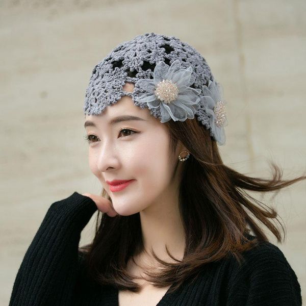 

beanies 100% cotton women's retro crochet hollow knitted beret sweet fashion floral cute girls' cap romantic love lolita accessory