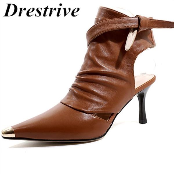 

drestrive fashion woman summer shoes sheepskin big size 34-42 women sandals thin heel 7.5 cm lace up pointed toe high, Black