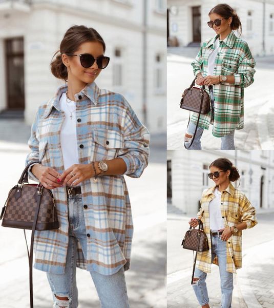 

women's wool & blends pocket design single row button checkered long shirt coat autumn and winter fashion warm tweed, Black