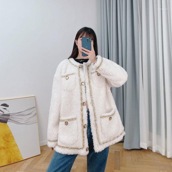 

women's fur & faux shzq fashion women coat winter 2021 regular length real sheep wool jacket o-neck collar single-breasted thick warm, Black