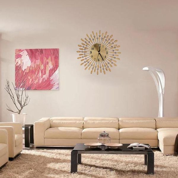 

wall clocks arrival 15inch elegant luxurious 3d large clock shiny rhinestone sun style europe acrylic stickers living room klok