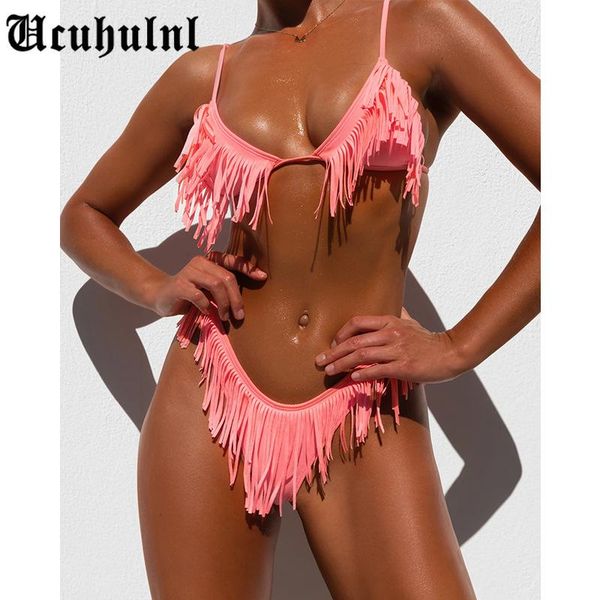 

women's swimwear push up bikini tassels swimsuit thong bathing suit women fringed pink neon green biquini 2021, White;black