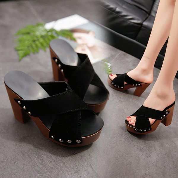 

high-heeled shoes lady low woman's slippers square heel slides cross-tied fashion 2021 block luxury girl summer rubber basic rom, Black