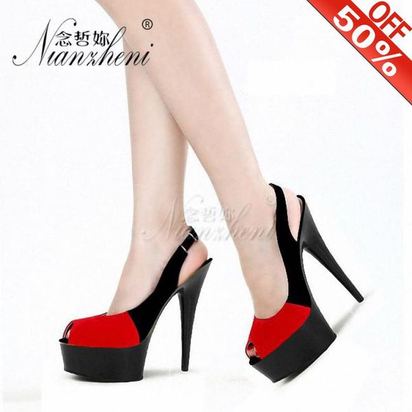 

15cm high heeled shoes mixed colors shallow peep toe womens sandals 6 inches models party dress trend flock style pole dance, Black