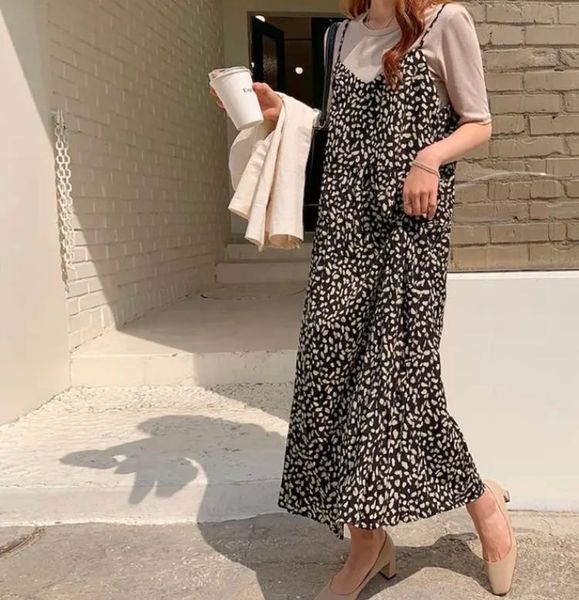 

2021qooth women a line dress elegant leopard loose janpan harujuku kawaii spaghetti strap v-neck casual long dress qt103, Black;gray