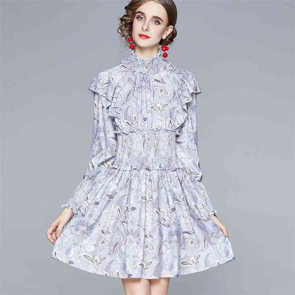 

spring autumn korean elegant sweet purple flower print boho party dress women lantern sleeve ruffles runway mini vestdios 210514, Black;gray