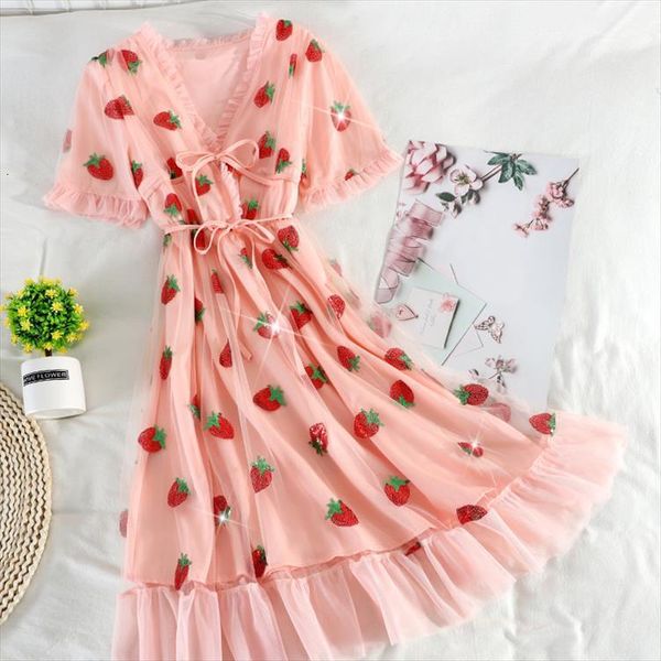 

summer strawberry emrbodiery mesh women dress femme sequins pink, Black;gray