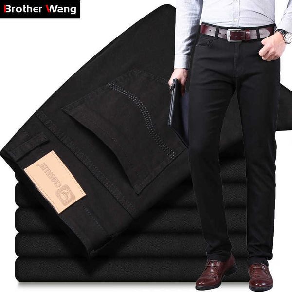 Klassische Stil Herren Schwarze Jeans Mode Casual Business Straight Stretch Denim Hosen Männliche Marke Hosen Weiß Khaki 210622
