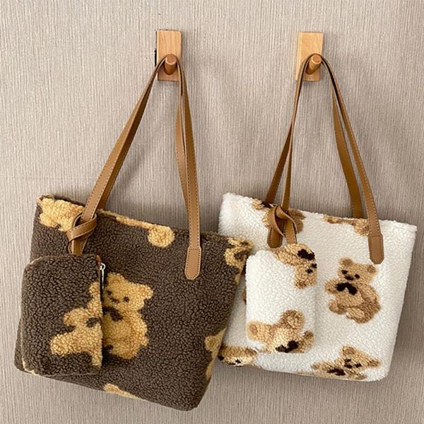 

evening bags women shoulder bag vintage plush bear print mini purse large capacity tote lambswool texture
