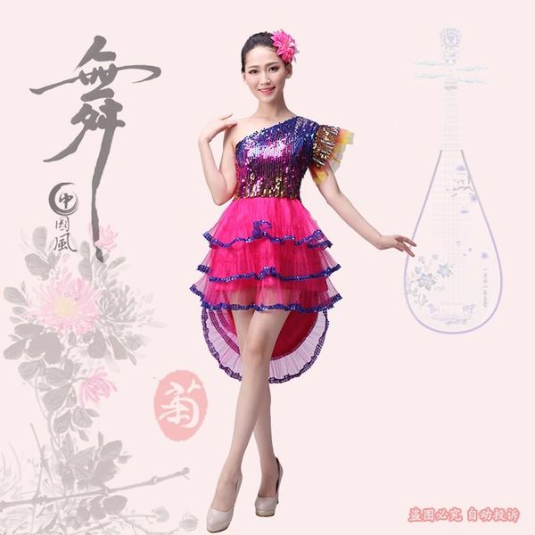 

sequined group fan dance costume chinese folk modern drum performance jazz tuxedo stage wear, Black;red
