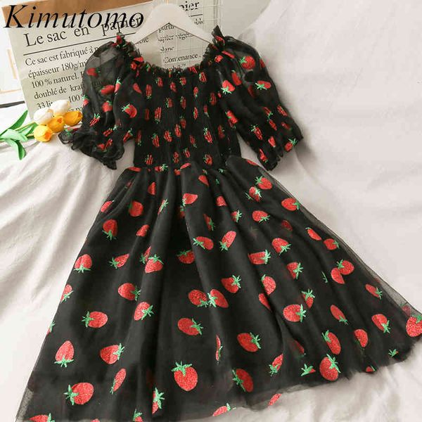 

kimutomo girls dress strawberries print sweet fresh style female slash neck high waist mesh pleated vestidos kawaii 210521, Black;gray