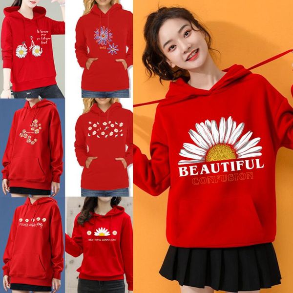 

women's hoodies & sweatshirts trendy hip hop hooded daisy printing loose all-match pullover clothes long sleeve for women streetwear, Black