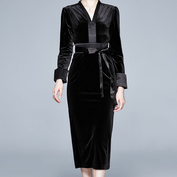 

casual dresses velvet women elegant spring autumn long sleeve lace up dress black midi slim waist vestidos g7si, Black;gray
