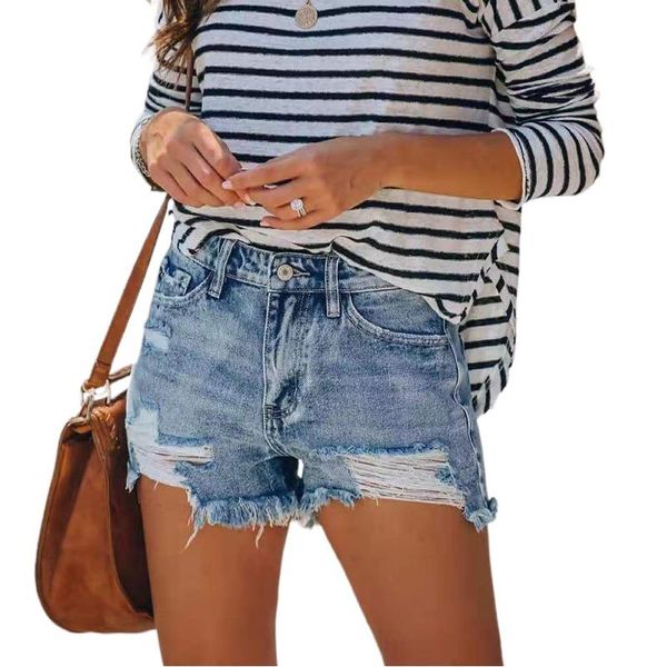 

women's shorts summer women ripped denim straight leg pants mid waist irregular blue washed solid color causal ladies slim, White;black