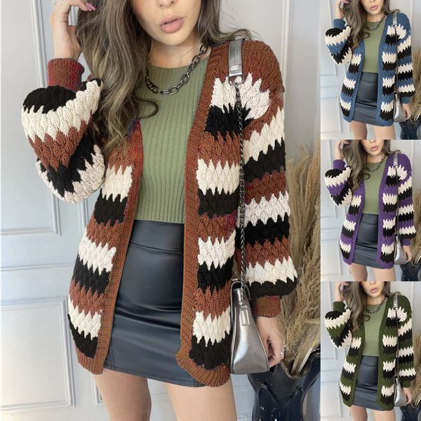 

2021 autumn winter casual color matching knitted cardigan sweater, White;black