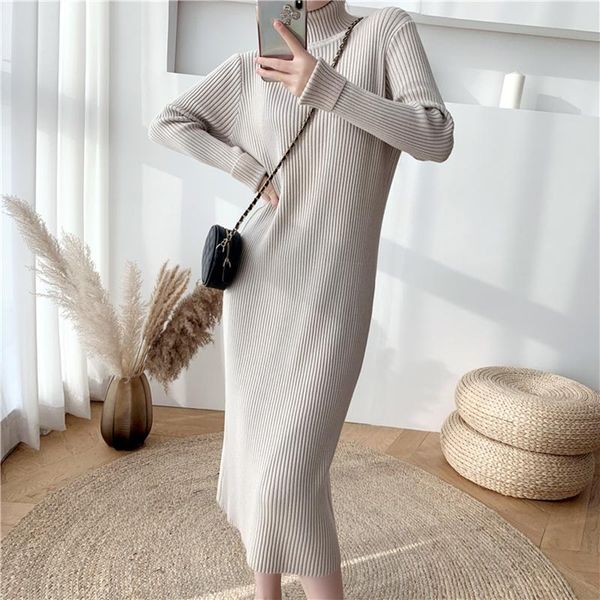 

casual dresses solid knitted women autumn winter turtleneck long sleeve sweater dress lady elegant warm vestidos, Black;gray
