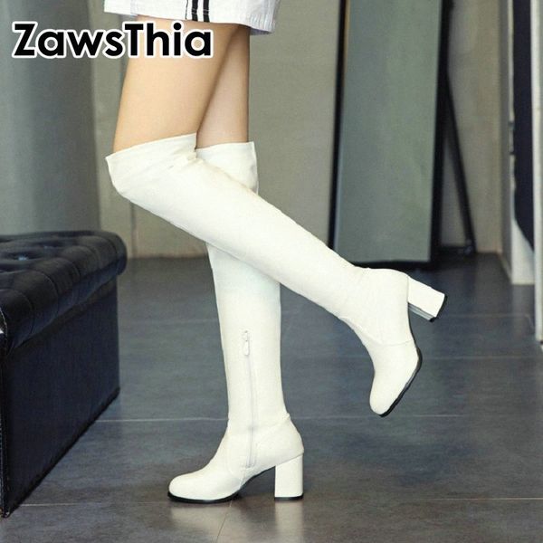 

ZawsThia White Black Comfy Soft PU Stretch Boots Overknee Block High Heels Woman Over The Knee High Long Boots Winter Shoes 2019 Q2h2#