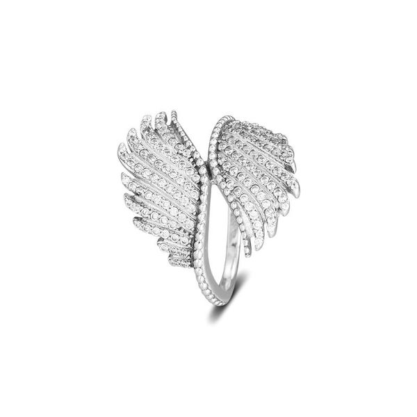 

cluster rings real 925 sterling silver majestic feathers, clear cz compatible with european jewelry for women diy flr060, Golden;silver