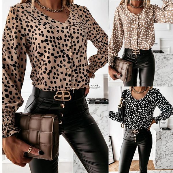 

women autumn spring leopard dot print slim blouse shirt long sleeve v neck nutton office lady elegant blouses shirts blusa women's &, White