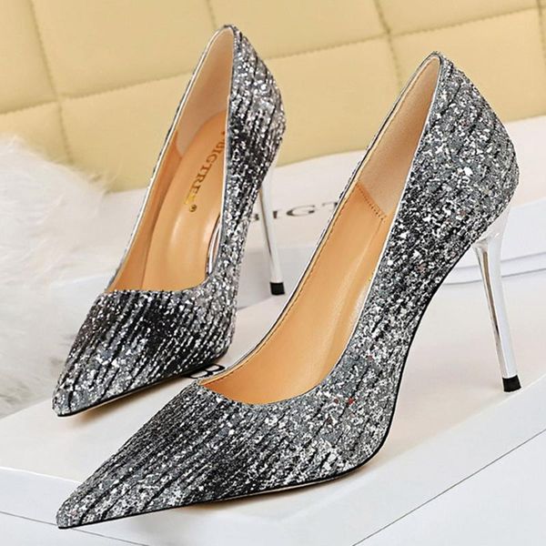 

dress shoes 2021 women sparkly sequin silver gold pumps 10cm pencil high heels talons stiletto wedding bridal plus size, Black