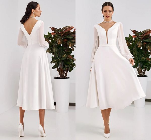 

tea length wedding dress 2022 modest sheer v-neck backless corset solid color custom made long sleeve bridal gowns vestidos de noiva, White