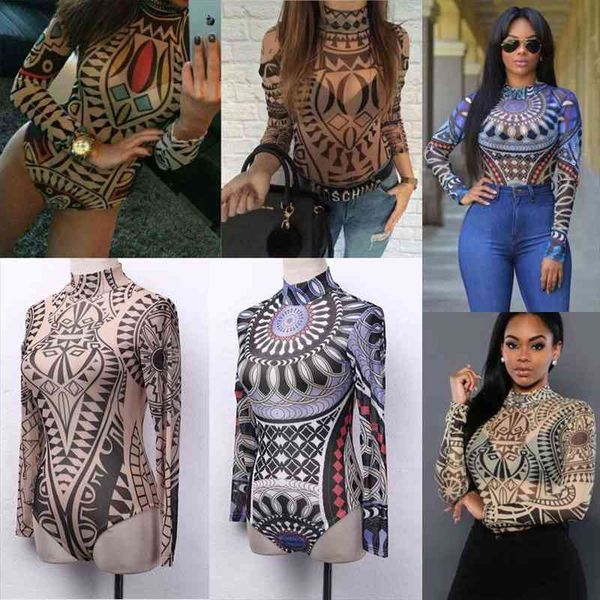 

bodysuit women tatoo tribal print strechy bodysuit see-through mesh sheer long sleeve top, Black;white