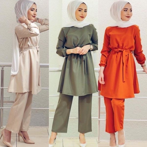 

ethnic clothing lugentolo islamic women muslim fashion sets summer loose round neck long sleeve sashes casual, Red