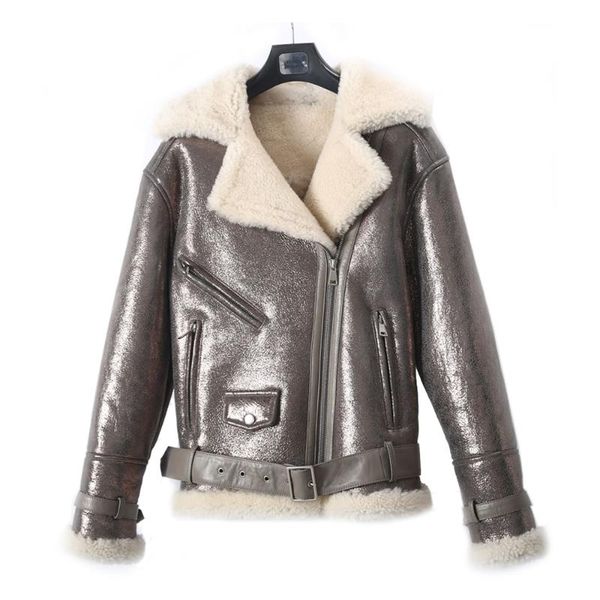 

women's fur & faux 2021 merino sheepskin shearling coat women thicken warm winter real genuine leather jackets, Black