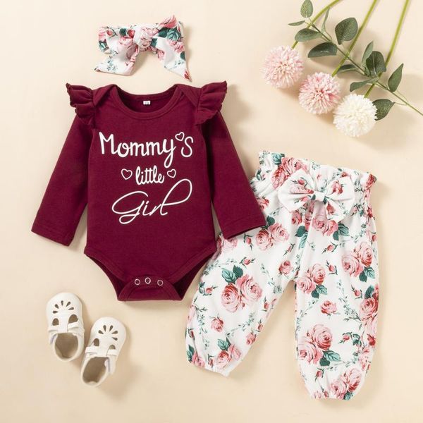 

clothing sets born infant baby girl clothes letter printing long sleeve ruffle solid +floral bowknot pants+headband set, White