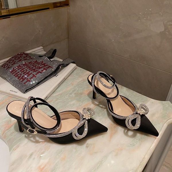 

sandals 2021 summer net red show diamond bow pointed satin hollow high heel, Black