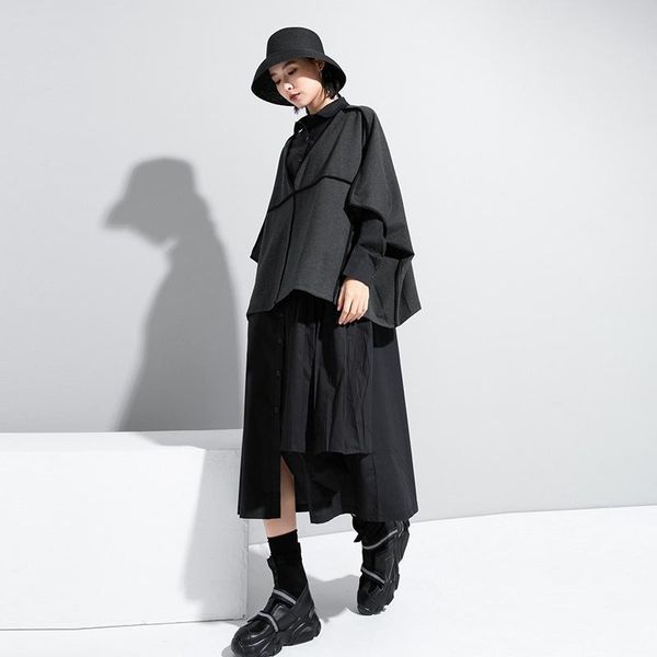 

casual dresses [eam] women white black pleated long big size dress lapel sleeve loose fit fashion tide spring autumn 2021 1dc673, Black;gray