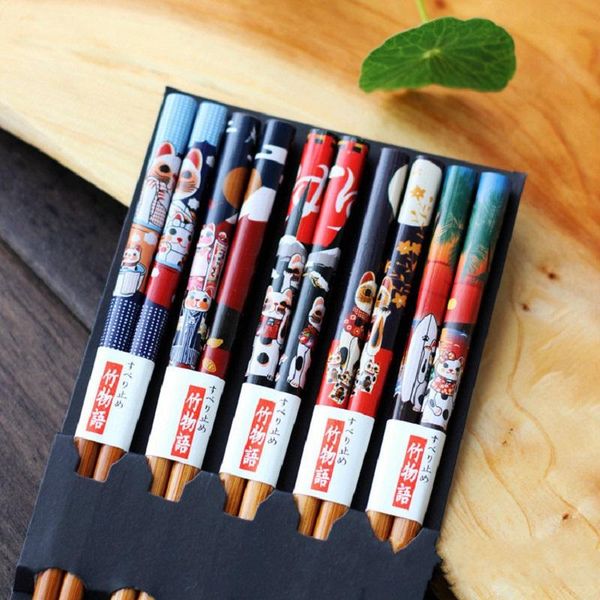 

chopsticks 5 pair set handmade bamboo japanese natural wood sushi cat flower multi color wooden chop sticks