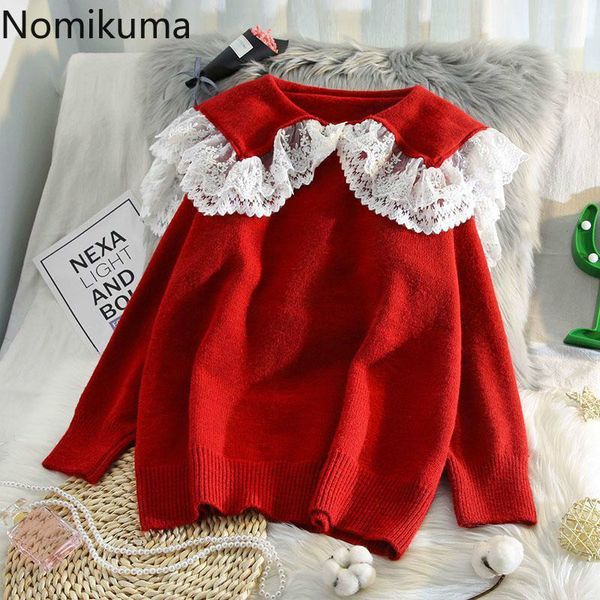 

nomikuma korean sweet sweater women plus size turn down collar lace patchwork long sleeve pullover jumpers autumn pull femme 210514, White;black