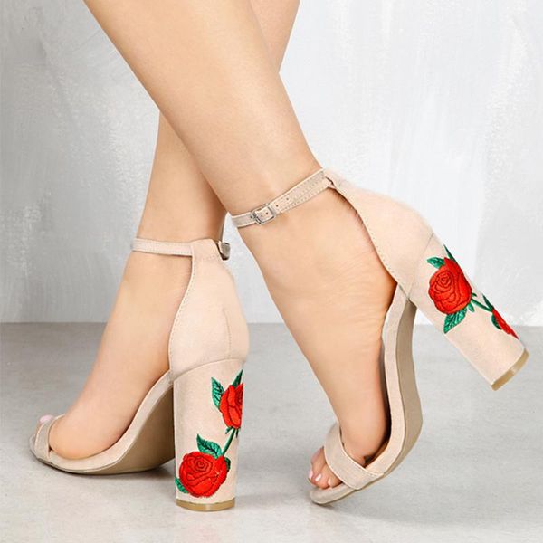 

fashion suede sandals women embroidery high heel pumps summer shoes open toe cover ankle buckle strap dress, Black