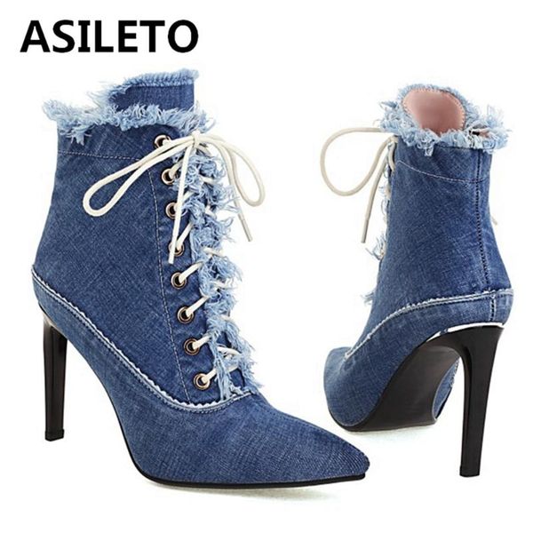 

boots asileto 2021 autumn design denim ankle pointed toe stiletto high heel lace up zip fur inside big size 33-45 s2477, Black