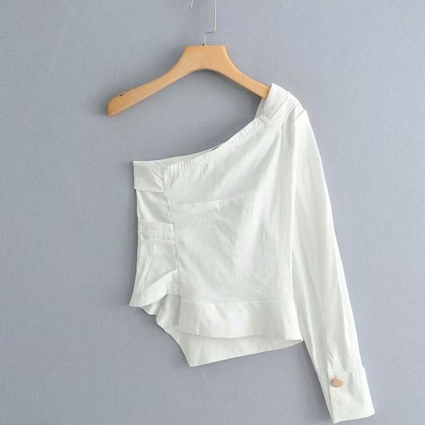 

women's blouses & shirts women fashion solid color one shoulder pleated shirt irregular hem white roupas femininas chemise ls3222