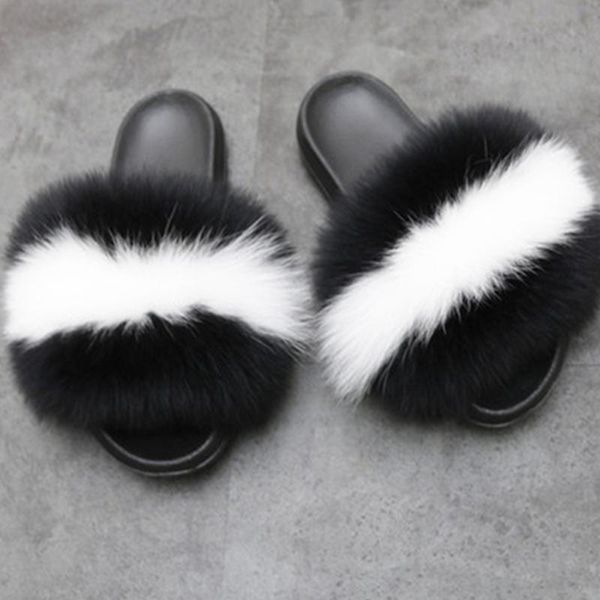 

slippers real fluffy raccoon fur sliders for women's women slides home furry flat sandals female cute, Black