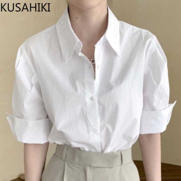 

kusahiki women blouses korean causal short sleeve turn-down collar shirts summer solid elegant blusas femme 6h529 210602, White