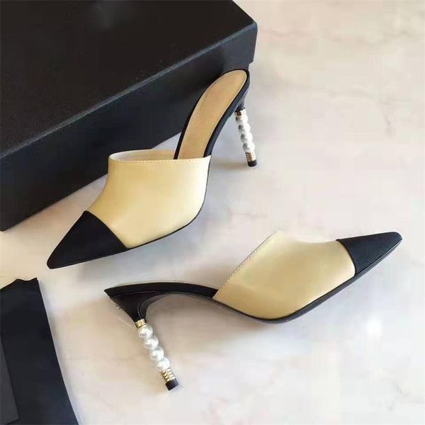 

slippers 8cm high heels for women mixed color pointed toe outside slides genuine leather pearl heel shoes luxury design, Black